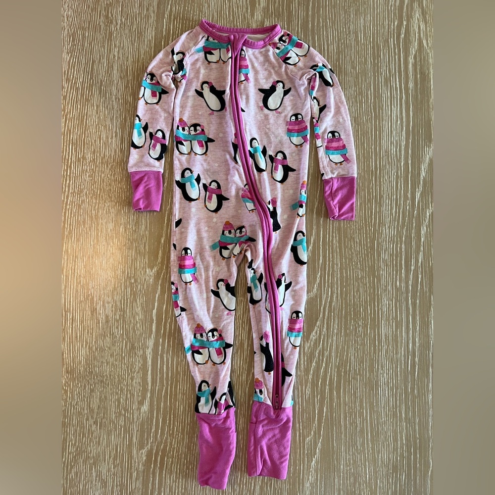 Little Sleepies Pink and Black Penguin Footies 3T